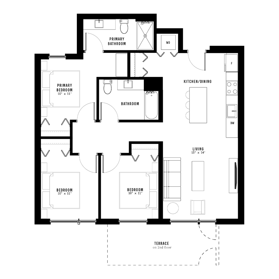 Rendering of the 3B 09 floor plan with 3 bedroom[s] and 2 bathroom[s] at Nevele22