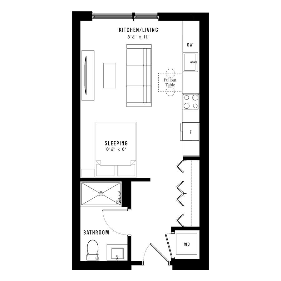 Rendering of the S 03 floor plan with a Studio bedroom and 1 bathroom[s] at Nevele22